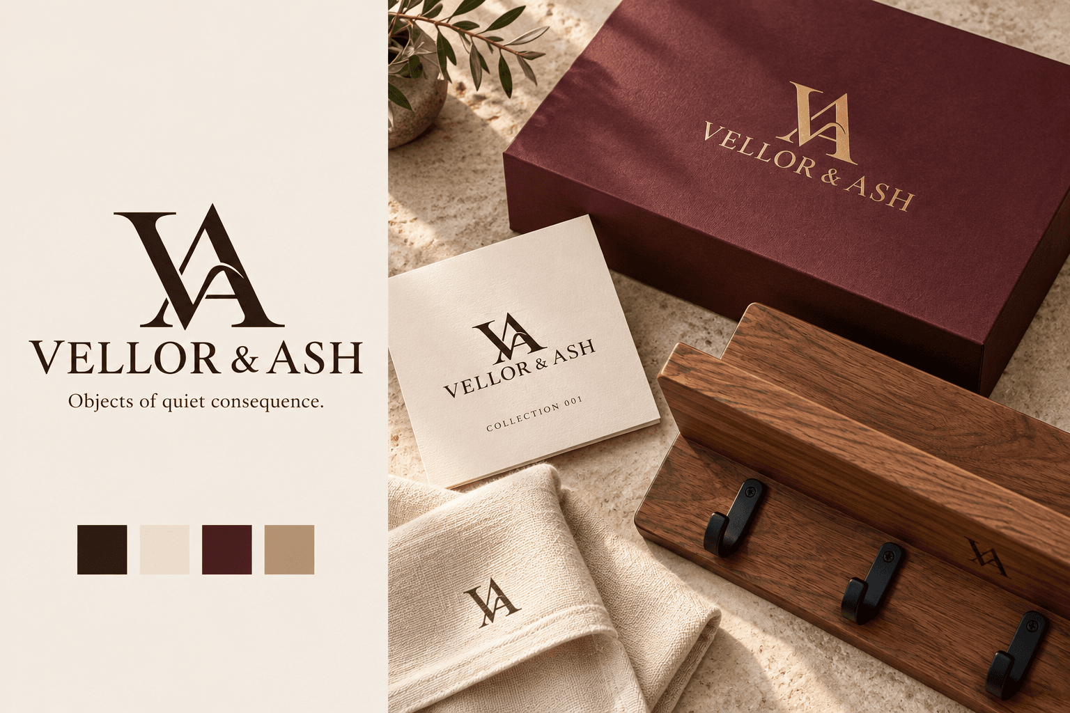 Vellor & Ash brand presentation with oxblood packaging, ivory care card, fabric wrap, and walnut object