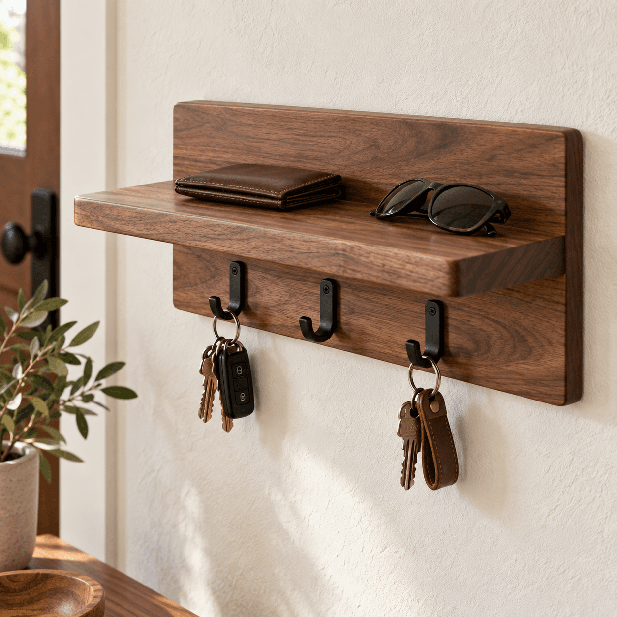 A close look at the walnut grain and softly eased edges of The Arrival