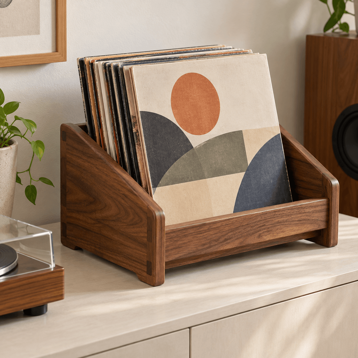 The Listening Room walnut record stand, filled with albums in a quiet listening space